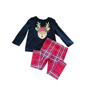 Toddler Holiday Time 18 Months Black Deer Shirt & Red Plaid Leggings Set Christm